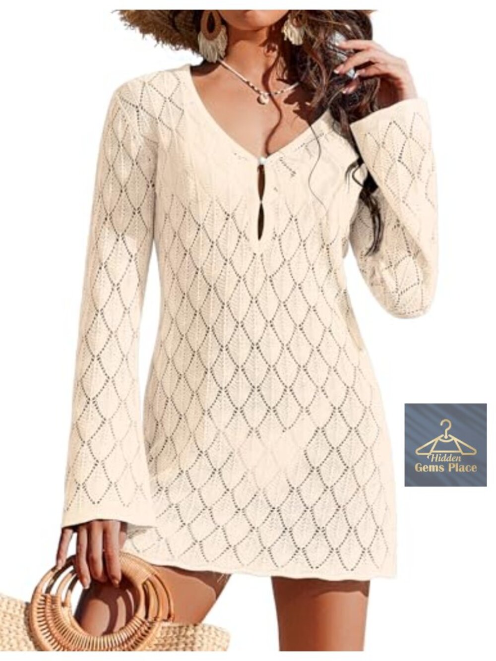Crochet Swimsuit Coverup Long Sleeve Hollow Out Pearl Buttons Beach Cover Up